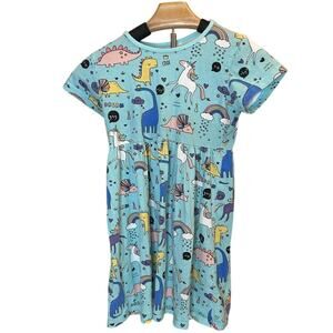Bumeex girls size 7 tunic dress light blue cartoon print unicorns & dinosaurs
